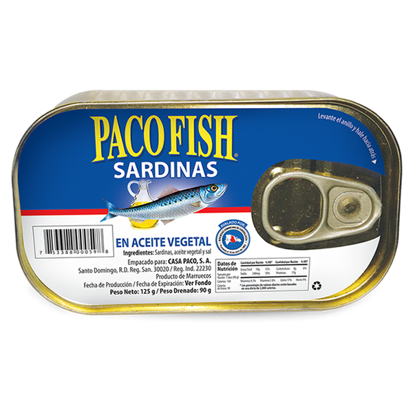 Sardinas Paco Fish Planas en Aceite Vegetal A/F 125g.